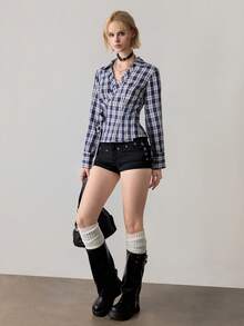 Ardnt 经典性感V领条纹衬衫，腰部系带设计，休闲法式风格，女士必备百搭衬衫，初秋 - 藍色 - 查看 6