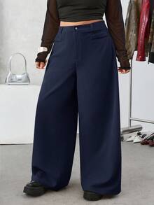 SHEIN EZwear Plus Size Casual Wide Leg Pants, Thick Corduroy Solid Color Front Button, Navy Blue - Navy Blue - View 5