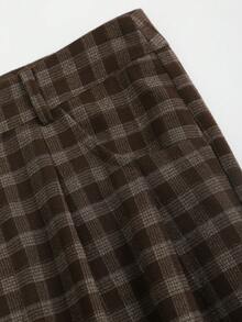 Sweetra 女士复古卡其格纹休闲通勤学生风直筒修身裤，秋冬款 - 卡其色 - 查看 3