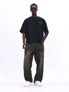 SUMWON Oversized Boxy Fit Cotton T-Shirt With Back Graphic Print Crew Neck Short Sleeves Casual Streetwear Top - Black - View 3