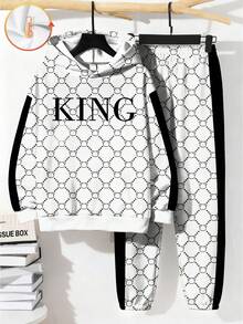 2 件 KING 青少年男孩休闲简约长袖连帽运动衫套装，适合秋冬季 - 彩色 - 查看 2