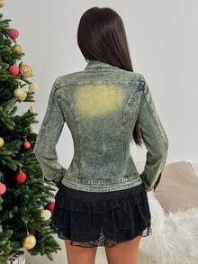 Rivivi 女士露脐Y2K复古怀旧修身牛仔外套 - 深色水洗藍 - 查看 2