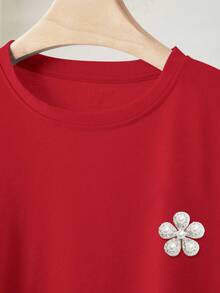 Resyla Women's Round Neck Faux Pearl & Rhinestone Decor Casual Short Sleeve T-Shirt - Red - View 4