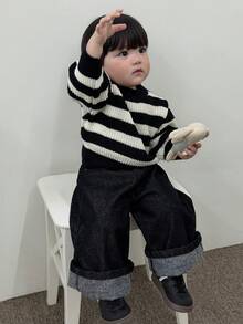 DAZY Áo len dệt kim cổ tròn kẻ sọc rộng rãi cho bé trai mới biết đi, mùa thu/đông - Đen và trắng - Xem 3