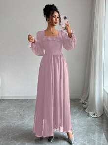 Modelyn French Style Waist Cinching Square Neck Ruffle Hem Dress - Pink - View 6