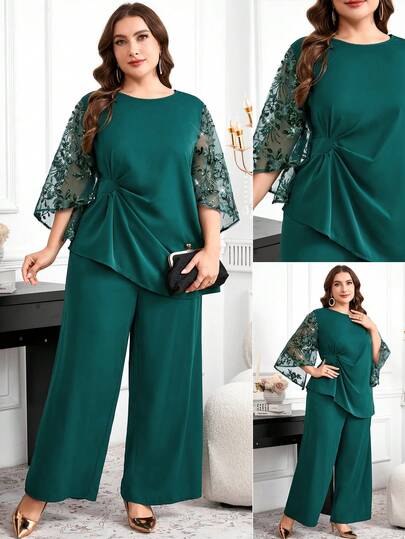 Reflora Plus Size Elegante Feestjurk met Pailletten Borduurwerk Mesh Patchwork Top en Broek 2-delige Set