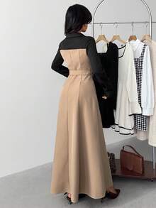 SHEIN Đầm ôm eo tay dài cổ bẻ màu tương phản họa tiết chắp vá thanh lịch cho bé gái tuổi teen - Nhiều màu - Xem 2