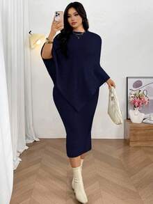Firerie Set de 2 piezas Suéter estilo poncho y vestido recto de cuello en V para mujer de talla grande, adecuado para el Día de San Valentín, conciertos, actuaciones, citas, cenas formales, galas, bodas, sexy, elegante, para ir al trabajo, vuelta al colegio, vacaciones, playa, romántico, para oficinista, estilo de sirena, fiesta de cumpleaños. Vestido de suéter de manga de murciélago, vestido elegante de dos piezas de manga larga cómodo para otoño/invierno - Azul Marino - Ver 7