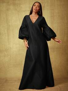 Vixey Solid Taffeta V Neck Drop Shoulder Puff Sleeve Flowy Maxi Dress - Black - View 4