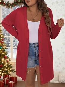 Vionelle 大码纯色前开襟长袖外套，适合新年穿着 - 紅色 - 查看 3