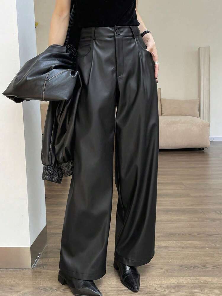 Women's Tall/Long Length PU Leather Pants, Straight Leg, Pleated, Loose, Casual City Pants