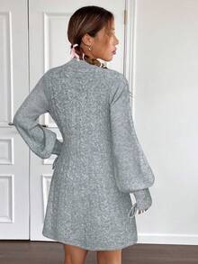 SHEIN EZwear 秋冬季绞花针织灯笼袖毛衣连衣裙 - 灰色 - 查看 2