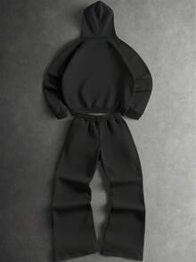 Manfinity EMRG 男士人像字母印花休闲街头风连帽衫和运动裤套装（2件套），秋季男装 - 黑色 - 查看 3