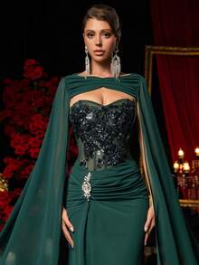 Glamrae Elegant Luxury Handmade Embroidered Sweetheart Collar Stand Collar, Heavily Embroidered With Rhinestones, Waist Pleats, Fishtail Hem Design Evening Gown, Business Formal Dress, Guest Dress, Evening Dress - Dark Green - View 4