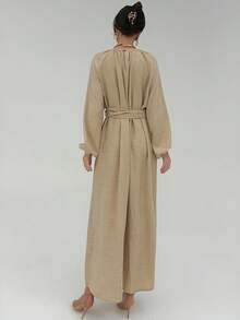 Aloruh Minimalist Apricot Textured Office Dress With Gathered Waist And Extra Long A-Line Hem, Commuter Friendly - Apricot - View 2