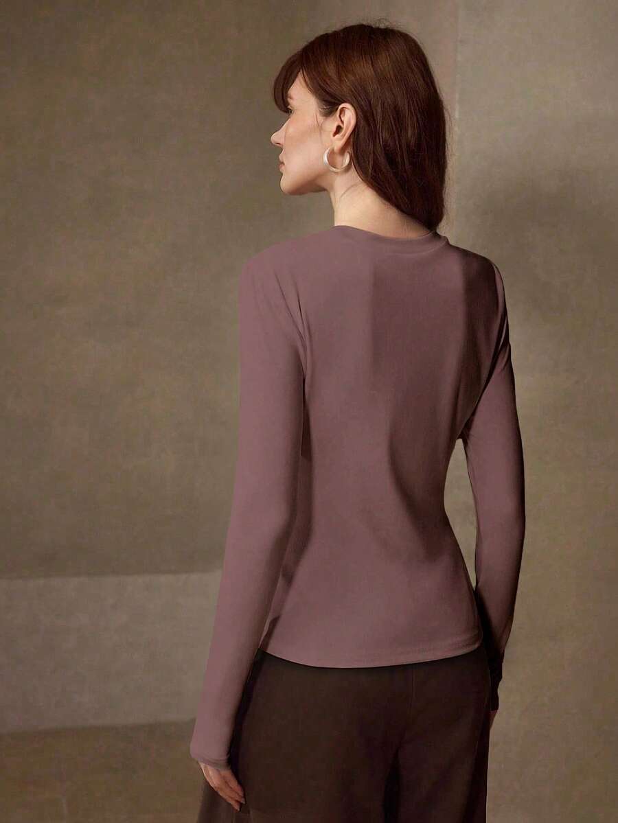 MOTF PREMIUM HIGH STRETCH SKIN-FRIENDLY SOLID COLOR ROUND NECK SLIM FIT FASHIONABLE LONG SLEEVE VERSATILE WOMEN'S BASE LAYER TOP - Hot Pink - View 2