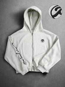 PAVTROS 男士字母刺绣连帽拉链长袖卫衣，灰色 - 灰色 - 查看 1