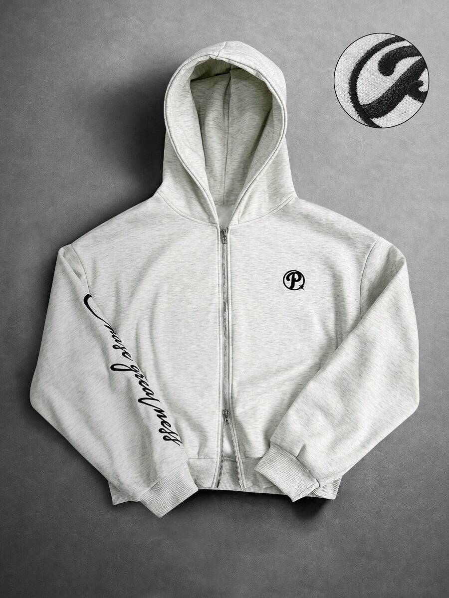 PAVTROS 男士字母刺绣连帽拉链长袖卫衣，灰色 - 灰色 - 查看 1