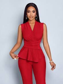 SOLERSUN 女士杏色优雅V领长袖T恤阔腿裤两件套不对称下摆两件套日常休闲女士春夏无袖短袖 - 紅色 - 查看 7