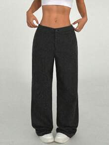 Flirla Petite 女式超低腰休闲有机棉直筒裤 - 黑色 - 查看 4