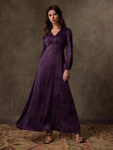 Lilora 紫色优雅深V领修身长袖女式长裙，简约优雅，缎面提花连衣裙，女士冬季优雅连衣裙，高端精致优雅。 - 紫色 - 查看 3