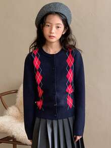 DAZY 少女日常通勤学院风菱格纹纽扣开衫，秋冬款 - 藏蓝色 - 查看 3