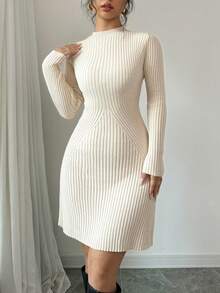 Rafferiza Fitted Ribbed Knit Sweater Dress, Round Neck - Apricot - View 3