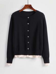 EMERY ROSE Contrast Color Cardigan 2 In 1 Round Neck Loose Casual Basic Knit Sweater Jacket - Black - View 3