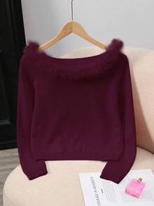 Franclia 时尚纯色拼接毛领毛衣，秋冬款 - 酒紅色 - 查看 6