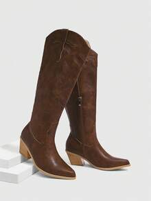 女式尖头粗跟西部一脚蹬靴，绒面革刺绣及膝马靴，秋冬适用 - 棕色 - 查看 6