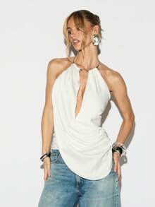 KIZN 优雅露背无袖上衣，深V领口，垂褶设计，适合夏季晚间休闲穿着。 - 白色 - 查看 4