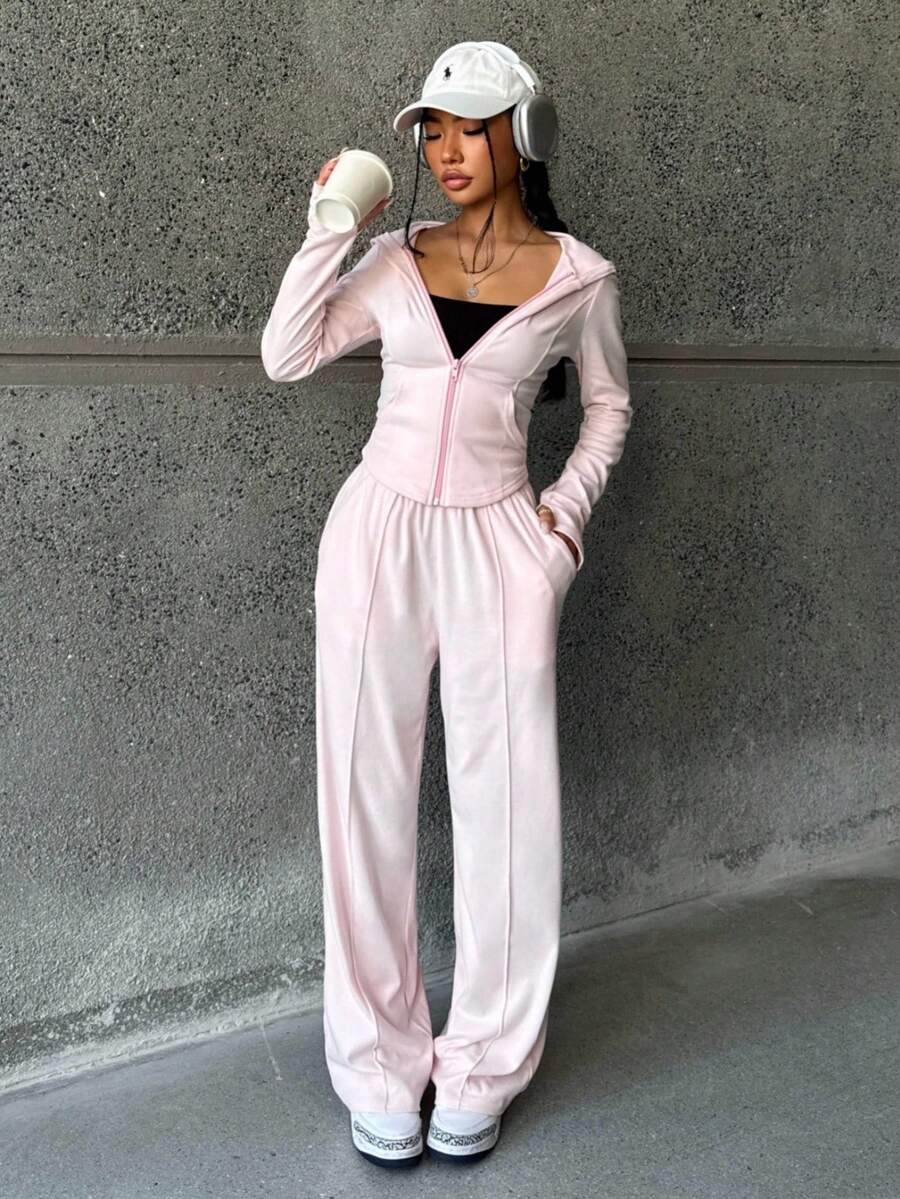 SHEIN 2 件套青少年女孩粉色修身套头连帽衫 + 长款连帽衫休闲时尚百搭服装 - 粉色 - 查看 1