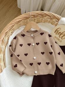 SHEIN Baby Girl Casual Heart Jacquard Cardigan And Knit Pants Set, Autumn/Winter - Khaki - View 3