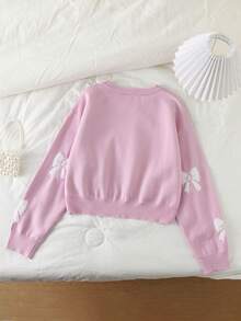 Tween Girls Cute Pink Sweater, Oversized Bow Knit Pullover, Loose Fit Long Sleeve Cropped Top, Soft Back-To-School Clothes For Autumn Holiday - Pink - View 3
