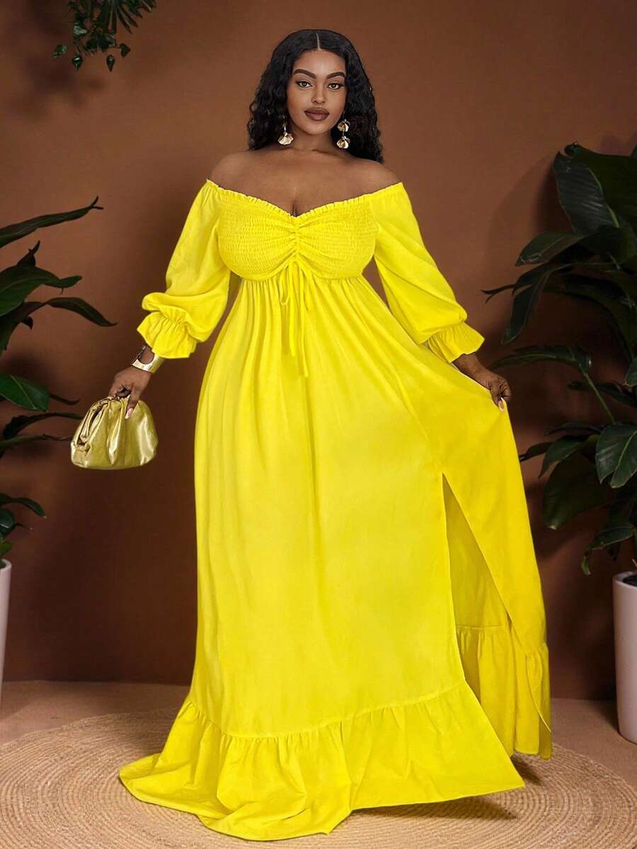 Veslaya Đầm dài không tay màu vàng cỡ lớn, trễ vai, có bèo nhún ở gấu, trang phục thường ngày đa năng, phù hợp cho mùa xuân/hè, đi biển, phong cách boho, tiệc tùng, miền Tây, lễ Phục sinh, kỳ nghỉ. - Màu vàng - Xem 1