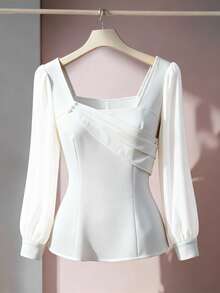 GlowEve CURVE Plus Size Women's Elegant Collared Chiffon Patchwork Long Sleeve Cinched Waist Blouse, Autumn/Winter