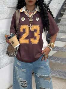 Rovax Women's Numeric Print Polo Collar Loose Casual T-Shirt - Multicolor - View 3