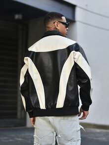 Devon Thys Men Two Tone Zip Up PU Leather Jacket, For Fall Winter - Black and White - View 2