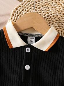 SHEIN Vintaside Kids 2件組男嬰黑色條紋POLO衫上衣與短褲套裝，柔軟羅紋面料幼童夏季休閒紳士風家庭穿搭，6個月-3歲 - 黑色 - 查看 3
