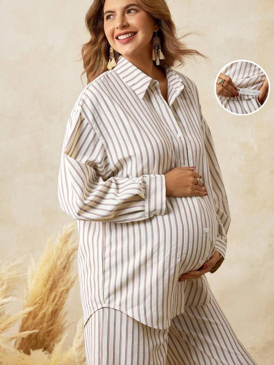 SHEIN BOHO 2pcs Maternity Set: Striped Drop Shoulder Long Sleeve Shirt And Adjustable Waist Wide Leg Pants, Casual