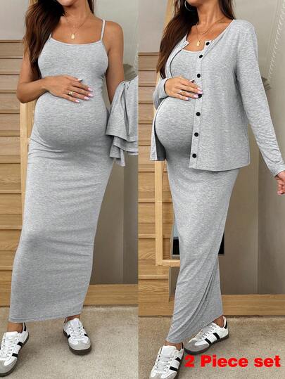 SHEIN 2pcs Maternity Set: Solid Color Long Sleeve Shirt & Sleeveless Dress