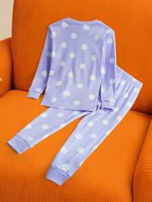 Nick 90s | SHEIN 女童可爱波点针织圆领上衣和裤子修身睡衣套装 - 紫色 - 查看 3