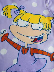 Nick 90s | SHEIN 女童可爱波点针织圆领上衣和裤子修身睡衣套装 - 紫色 - 查看 5