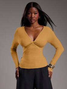 NYA SZN 长袖深V领扭结修身日常休闲商务休闲罗纹针织衫，适合教堂、办公室、教师返校季、秋冬季通勤穿着。 - 黃色 - 查看 5