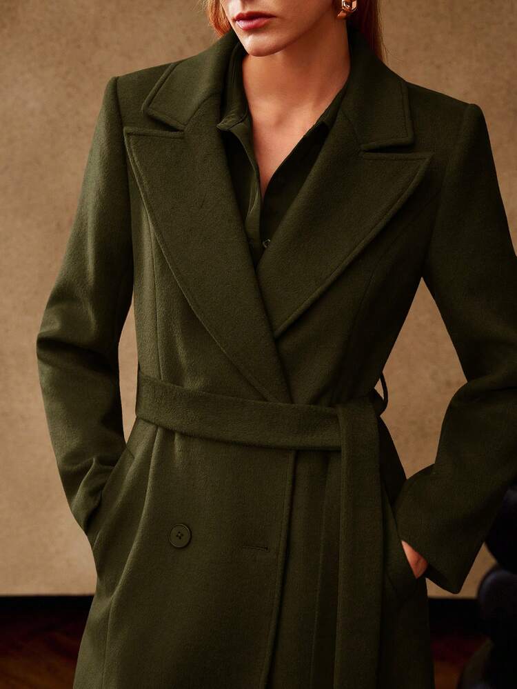WOOL BLEND SOLID PEAK COLLAR BELTED OVERCOAT, AUTUMN/WINTER