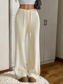SHEIN EZwear 抽绳腰针织休闲裤，秋冬浅黄褐色