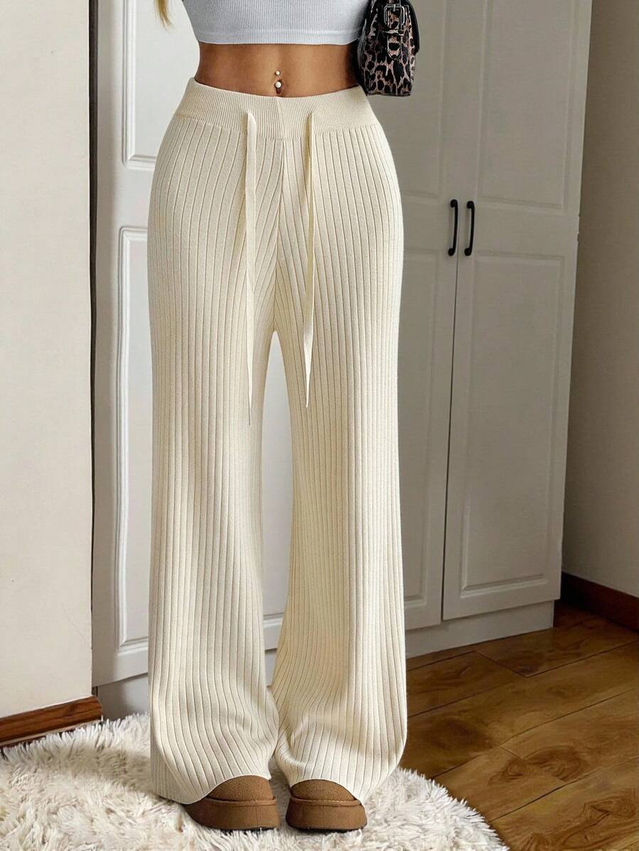 SHEIN EZwear 抽绳腰针织休闲裤，秋冬浅黄褐色