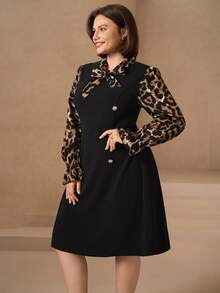 Chikora 大码豹纹拼接双排扣领带优雅长袖连衣裙 - 彩色 - 查看 5