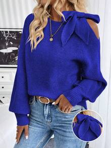 EMERY ROSE Fashionable Solid Color Off-Shoulder Tie-Up Sweater, Versatile For Autumn/Winter