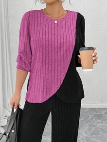 EMERY ROSE Plus Size Crew Neck Long Sleeve Soft Knit Ribbed Colorblock Asymmetrical Patchwork Top & Straight Leg Pants 2 Pieces Set,Black,Autumn,Smart Casual,Everyday - Multicolor - View 5
